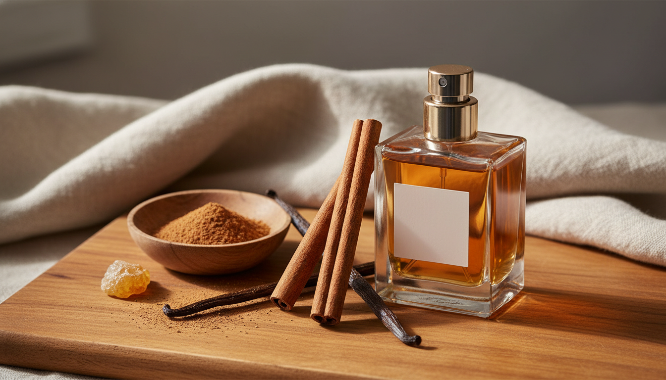 Frasco de perfume com líquido âmbar sobre tábua de madeira, acompanhado por paus de canela, vagem de baunilha e pequena tigela com pó de canela, luz natural lateral.