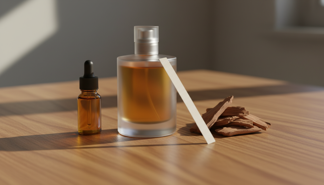 Garrafa de perfume sem rótulo sobre mesa de madeira com lascas de sândalo, frasco âmbar pequeno e tira de papel (blotter).