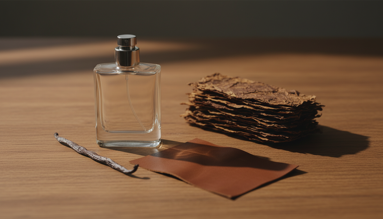 Frasco de perfume em vidro sobre mesa de madeira com folhas de tabaco secas, retângulo de couro marrom e vagem de baunilha, iluminação quente e fundo desfocado.