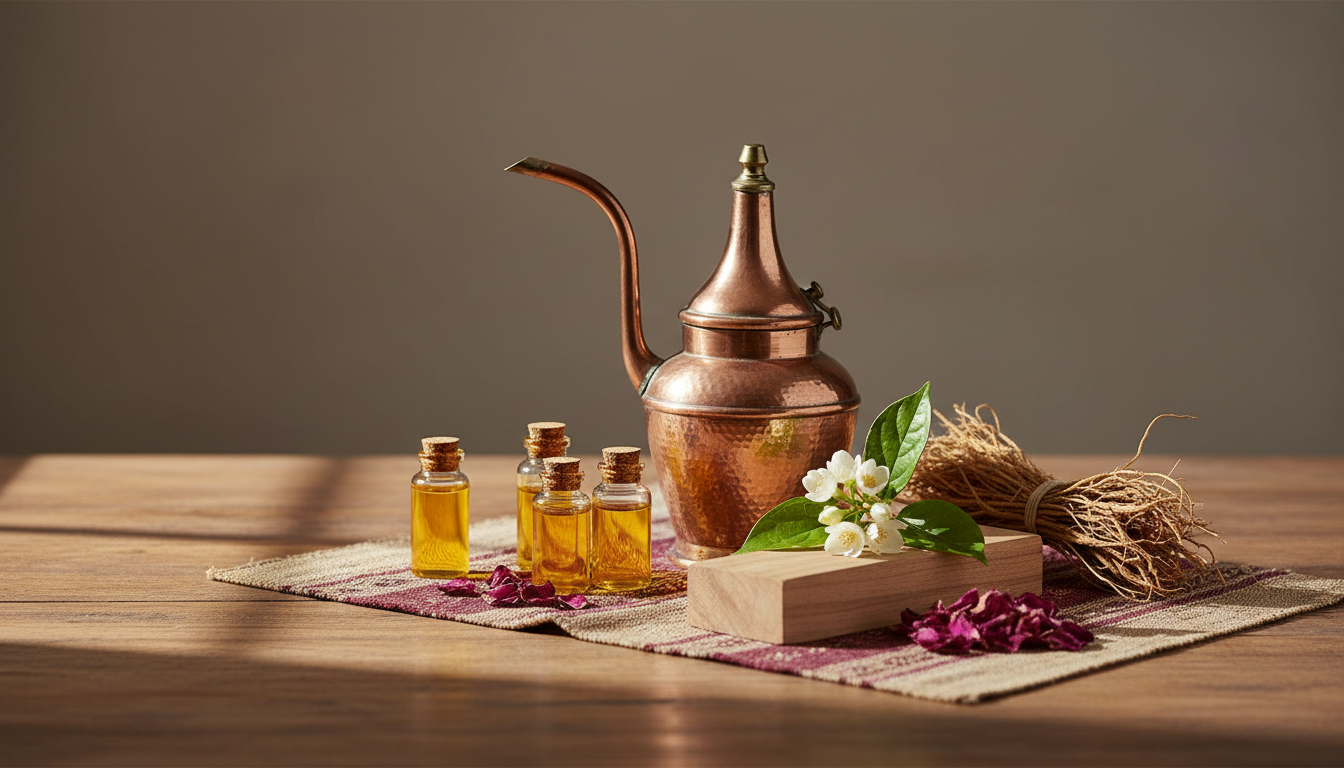 Estudo fotográfico editorial de um pequeno alambique de cobre sobre uma mesa de madeira, cercado por frascos âmbar de óleo, bloco de sândalo, ramo de jasmim, raízes de vetiver e pétalas de rosa damascena espalhadas; tecido artesanal sutil ao fundo.