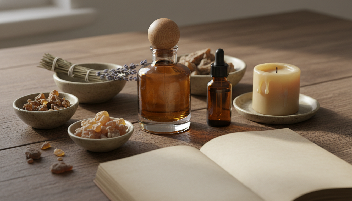 Natureza-morta editorial: frasco âmbar de perfume central sobre mesa de madeira, tigelas cerâmicas com sálvia seca, lavanda e pedaços de resina, pequeno conta-gotas âmbar com uma gota, vela e caderno envelhecido; luz natural suave.