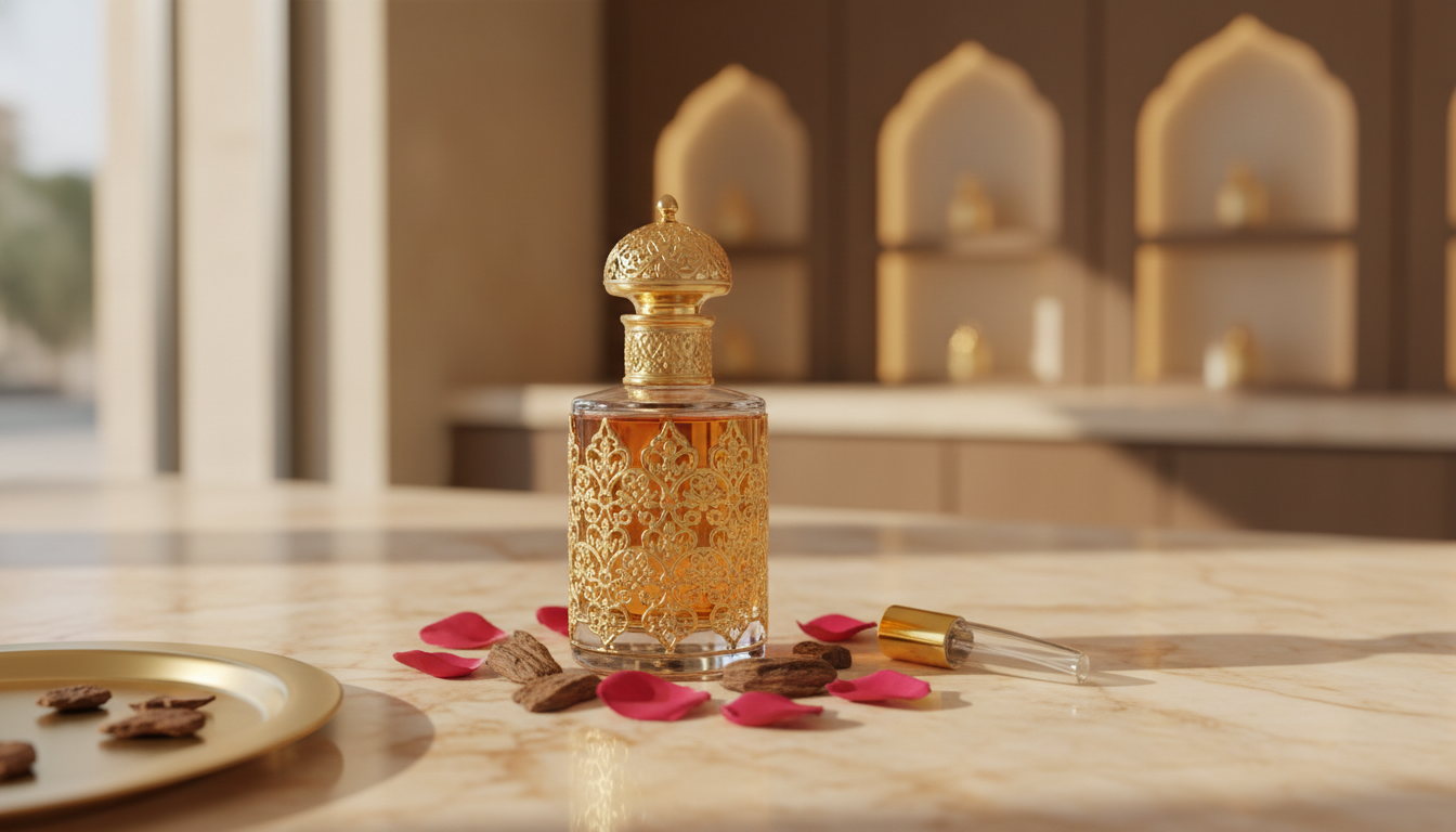 Frasco de perfume árabe ornamentado sobre balcão de mármore com lascas de oud, pétalas de rosa damascena e uma pequena amostra em vidro, em ambiente de boutique desfocado.
