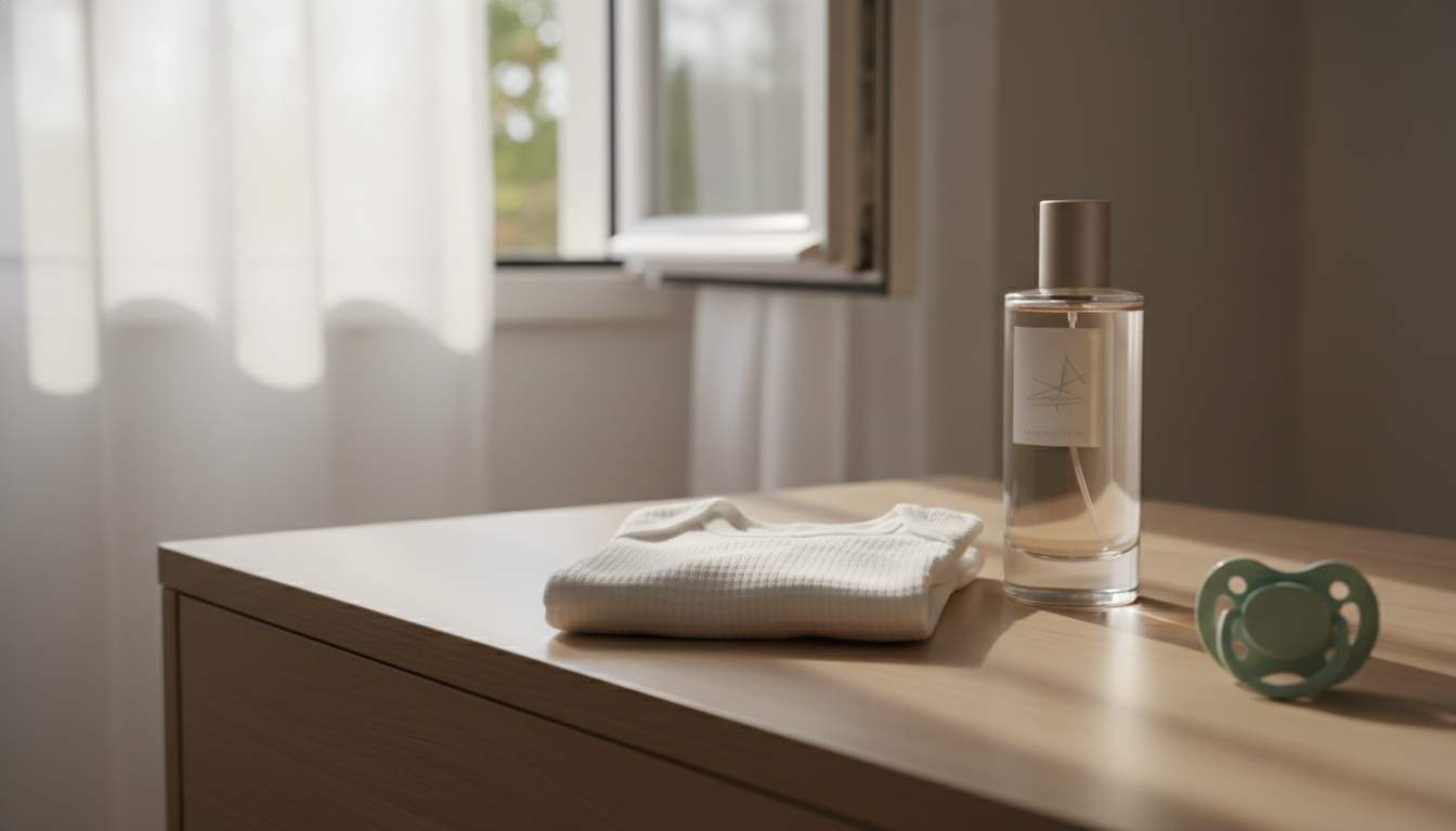 Garrafa de perfume sobre cômoda em quarto de bebê, com um body dobrado e uma chupeta ao lado e janela aberta ao fundo com luz natural.
