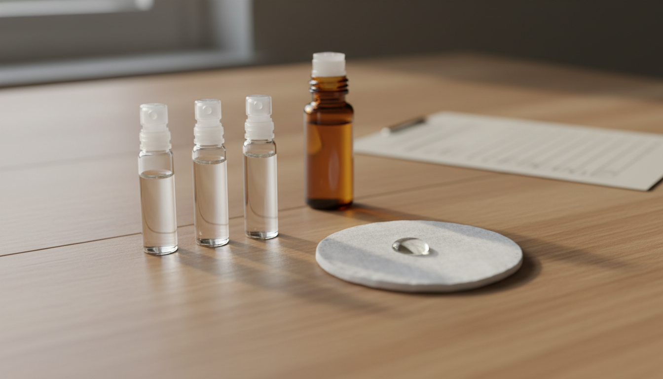 Mesa clara com três frascos de amostra de perfume, um algodão com uma gota de fragrância e um pequeno frasco roll-on âmbar, cartão desfocado ao fundo