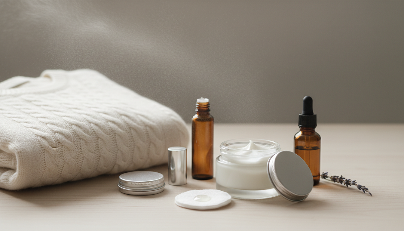 Composição editorial sem pessoas: borrifo de perfume atingindo uma peça de roupa dobrada, ao lado de um roll-on, um pote aberto de hidratante e um frasco âmbar com lavanda sobre mesa de madeira.
