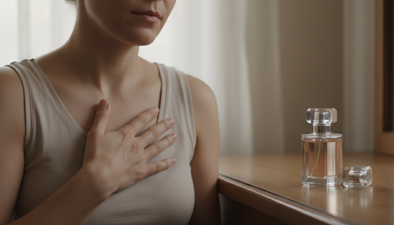Parcial do peito e pescoço de uma pessoa com a mão sobre o esterno, ao lado um frasco de perfume apoiado sobre uma penteadeira, luz natural suave.