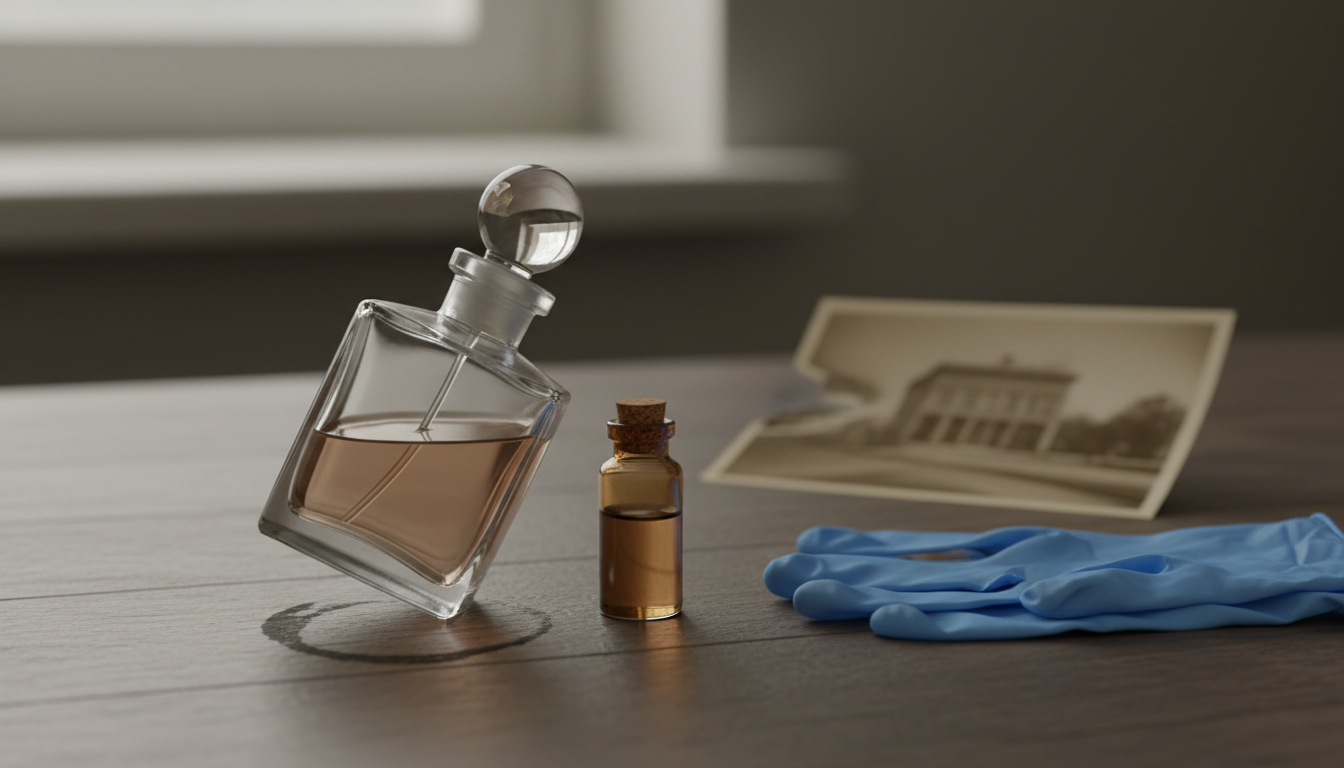 Frasco de perfume vintage deitado sobre mesa de madeira com um pequeno resíduo ao redor do bocal, acompanhado de um frasco âmbar e uma luva nitrílica; foto antiga desfocada ao fundo, iluminação natural.