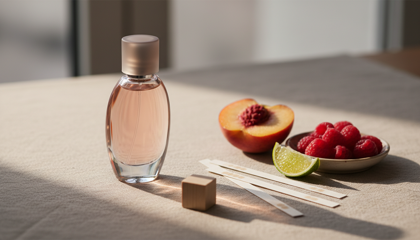 Frasco de perfume editorial sem marca sobre tecido de linho, com meio pêssego, framboesas em pequeno prato, rodela de lima e blotter strips ao lado, em iluminação natural.