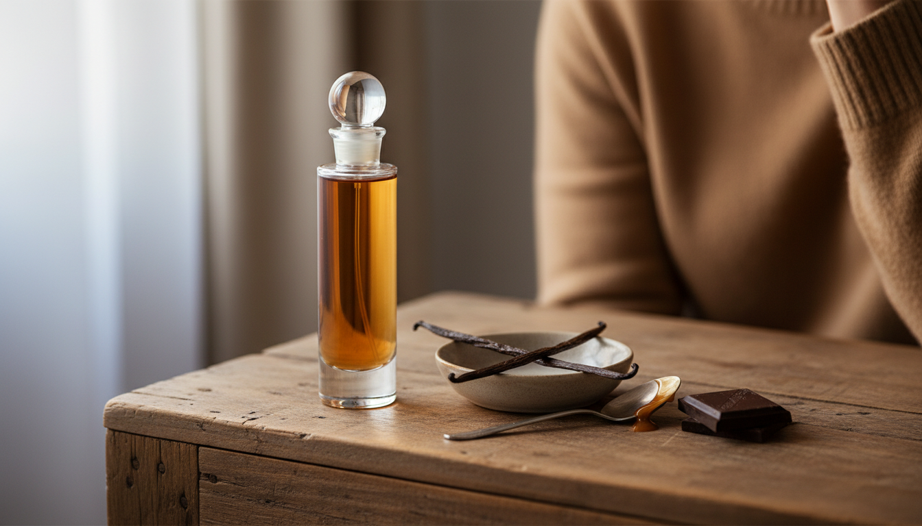 Frasco de perfume sobre mesa de madeira com fava de baunilha, colher com caramelo e quadrado de chocolate; ao fundo, pescoço e ombros em suéter de lã, leve desfoque.