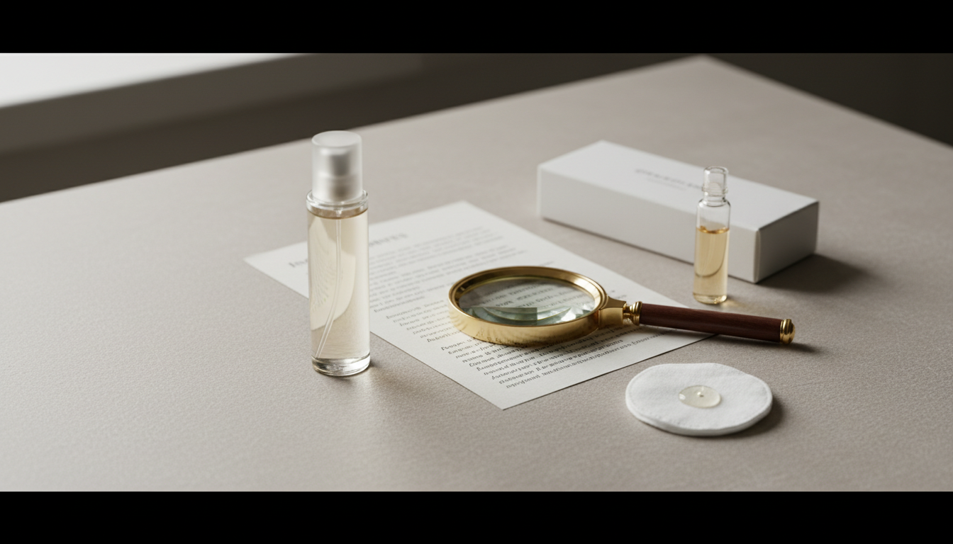 Frasco de perfume minimalista sobre mesa, ao lado de uma folha com lista de ingredientes borrada, lupa, um kit de patch test fechado e um pequeno frasco amostra com um disco de algodão e uma gota.
