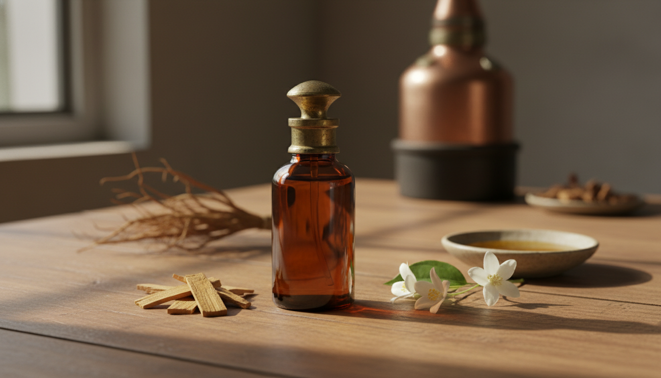 Garrafa de attar em vidro âmbar sobre mesa de madeira, com lascas de sândalo, flores de jasmim, raízes de vetiver e um alambique de cobre desfocado ao fundo, iluminação natural suave.