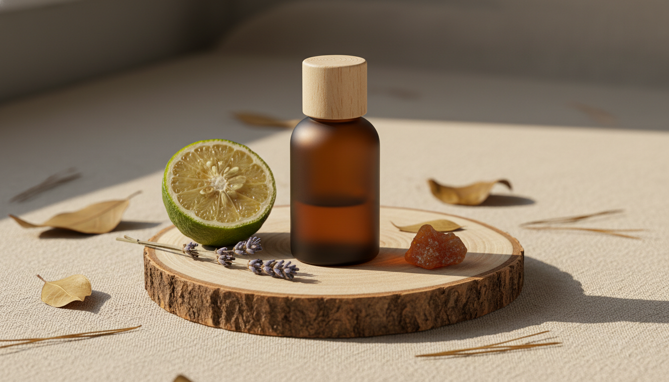 Frasco âmbar artesanal sobre disco de madeira, com metade de bergamota, ramo de lavanda e pedaço de resina ao redor, iluminação natural editorial.