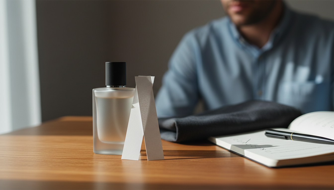 Garrafa de perfume masculino sobre mesa de madeira com dois blotters de papel encostados, amostra de tecido e um caderno aberto; ombro e pescoço de homem ao fundo desfocados.
