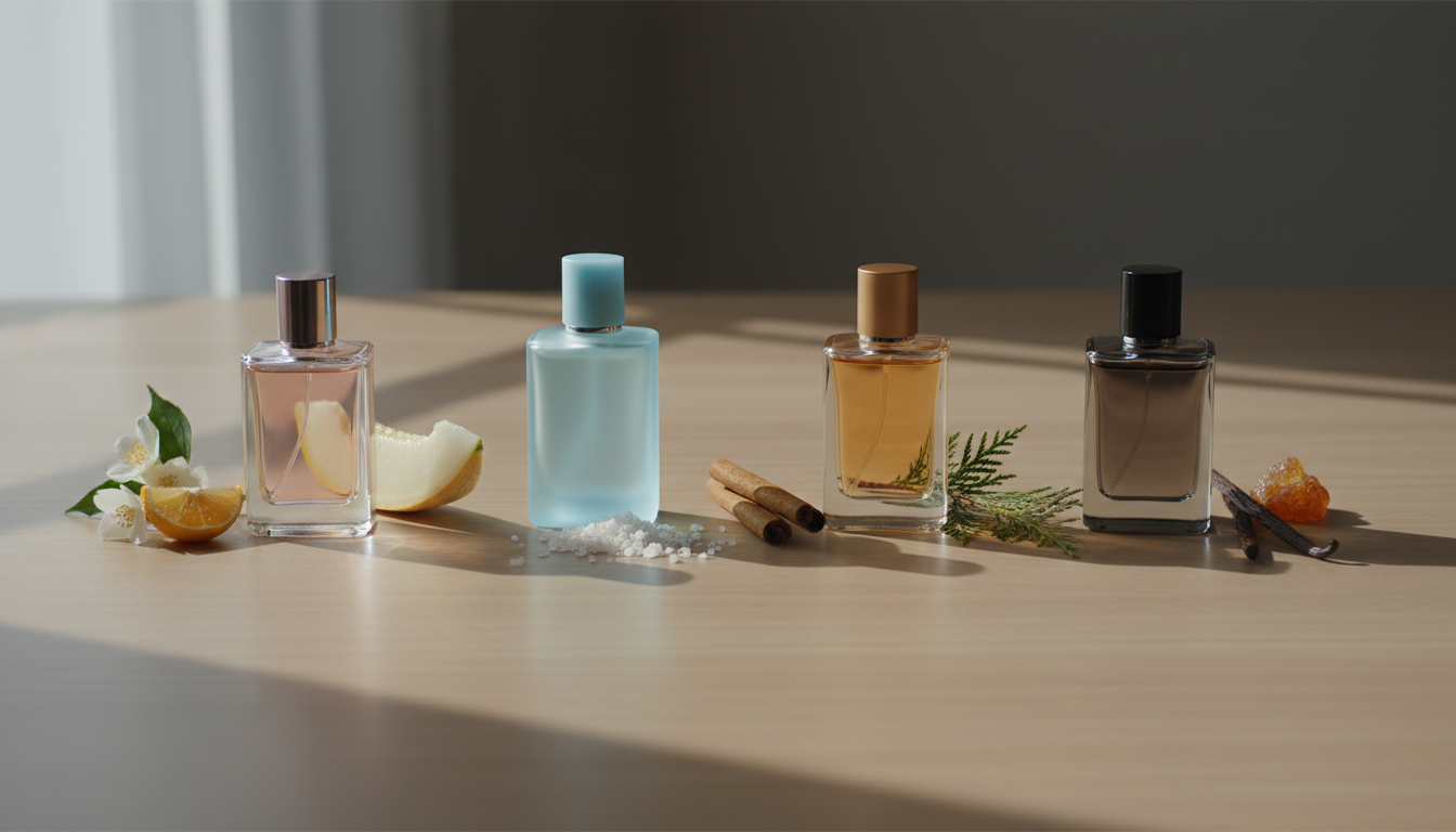 Quatro frascos de perfume dispostos em uma mesa, cada um acompanhado por um pequeno elemento que representa uma estação: jasmim e bergamota, fatia de melão e sal, canela e cedro, fava de baunilha e resina âmbar.