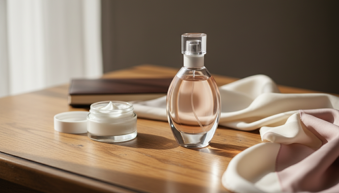 Frasco de perfume elegante sobre penteadeira de madeira, ao lado de um pote aberto de creme hidratante, lenço de seda dobrado e a borda de um caderno de couro; luz natural suave.