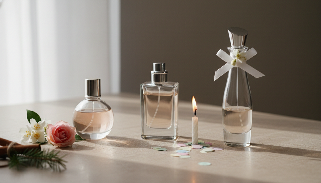 Arranjo editorial de três frascos de perfume sobre mesa texturizada, com pequenos elementos simbólicos: rosa e jasmim (Dia dos Namorados), vela e confete (aniversário), fita branca e mini flor (casamento) e canela com pinheiro (Natal).