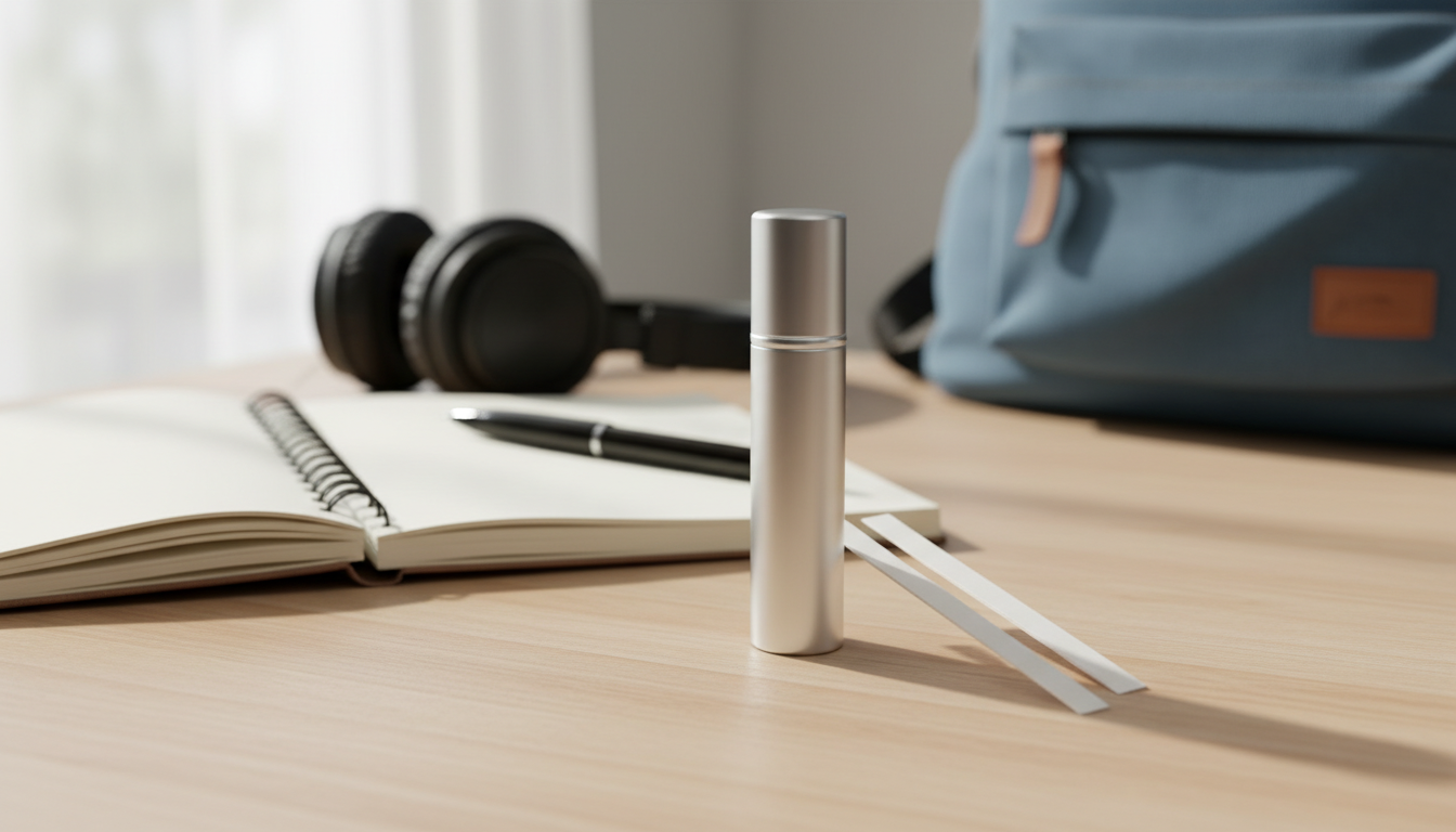 Mesa de estudo com mini atomizador de perfume sobre madeira, tiras olfativas ao lado e caderno espiral aberto; mochila desfocada ao fundo.