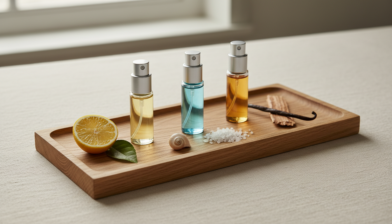 Trio de atomizadores de perfume sem rótulo em bandeja com limão, concha e cedro, representando fragrâncias para passeio diurno, praia e noite.