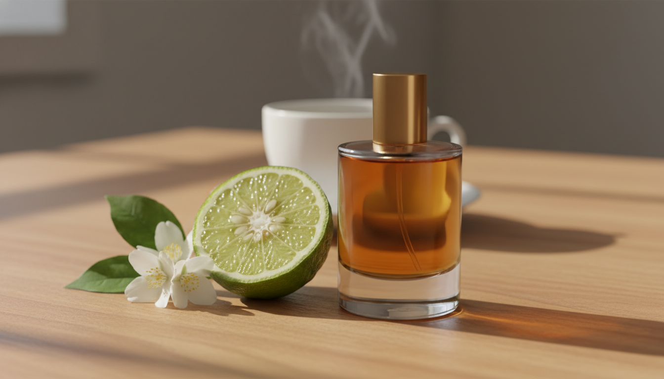Frasco de perfume âmbar sobre mesa de madeira, ao lado de meia bergamota cortada, ramos de jasmim e xícara de café ao fundo em luz suave de manhã.