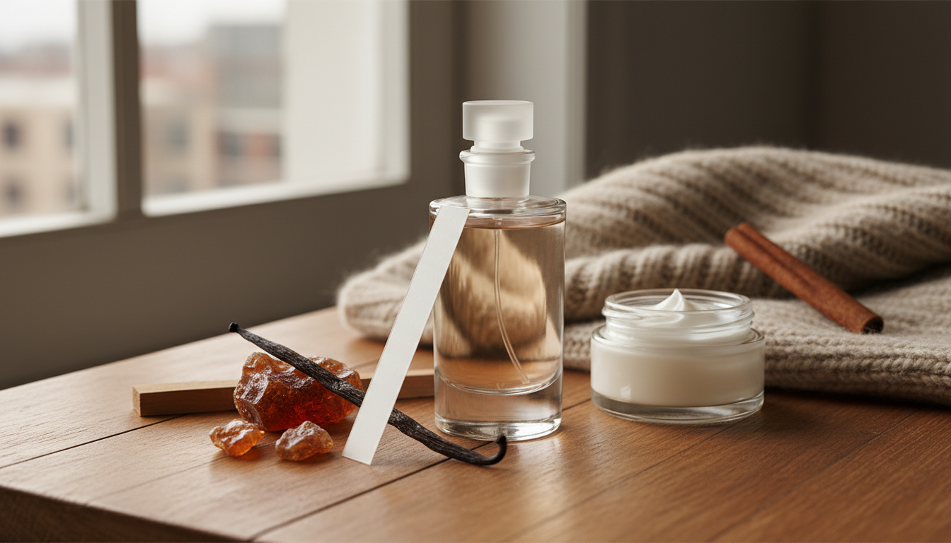 Frasco de perfume sobre mesa de madeira com resina âmbar, fava de baunilha, pote aberto de hidratante e blotter, em composição editorial de inverno.