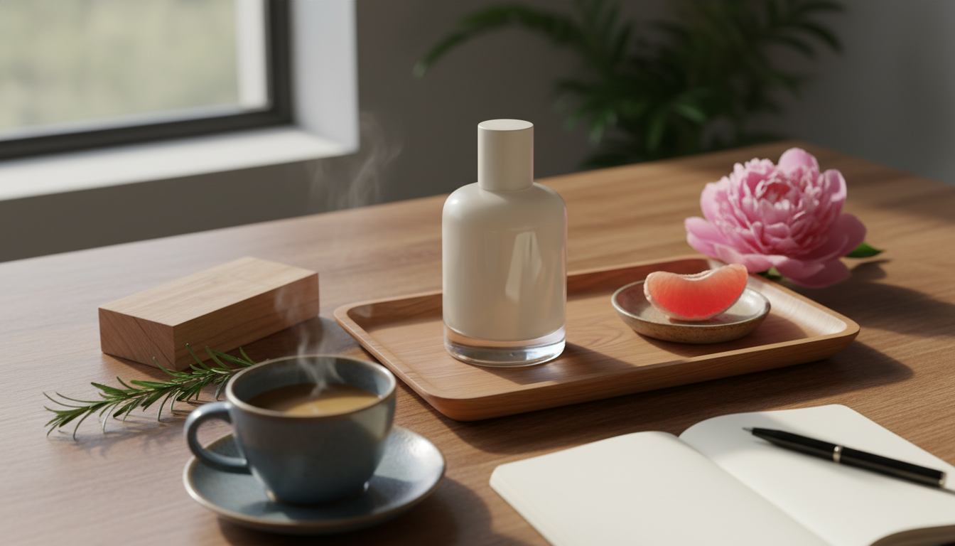 Frasco de perfume sem rótulo sobre bandeja de madeira em uma mesa ao nascer do dia, com gomo de grapefruit, peônia, bloco de cedro, raminho de alecrim, xícara de café e caderno aberto ao redor.