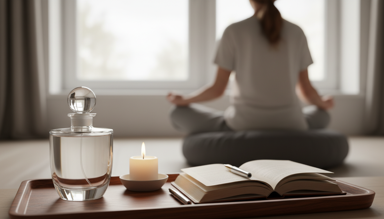 Frasco de perfume sem rótulo sobre bandeja de madeira, caderno aberto e vela acesa em primeiro plano; pessoa desfocada em posição meditativa ao fundo.