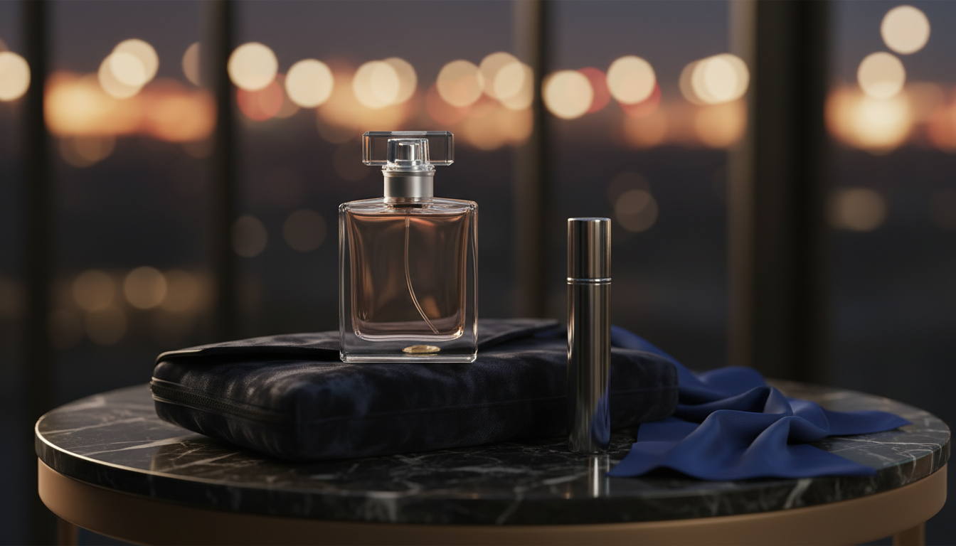 Frasco de perfume elegante sem marca sobre uma clutch de veludo escuro, com atomizador travel-size e lenço de seda, luzes de festa desfocadas ao fundo.