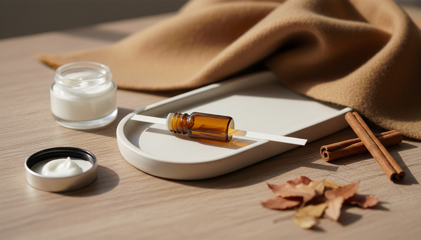 Composição editorial em mesa de madeira com frasco decant âmbar e blotter de papel sobre bandeja cerâmica, cachecol de lã, paus de canela, folhas secas e pote de creme aberto, sugerindo escolha de perfumes para outono.