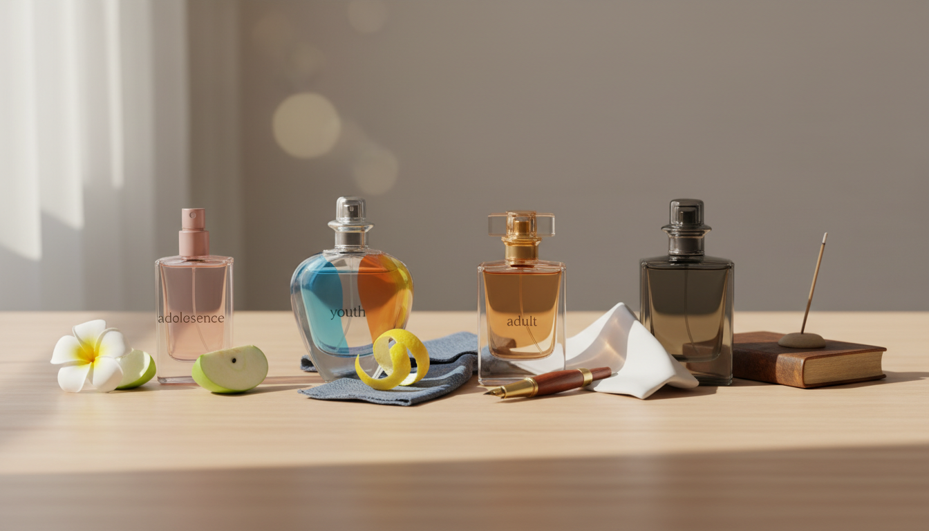 Quatro frascos de perfume alinhados sobre mesa de madeira, cada um com um pequeno objeto sugestivo (flor e fatia de maçã; casca de cítrico e tecido jeans; caneta e punho de camisa; livro de couro e incenso) representando fases da vida.