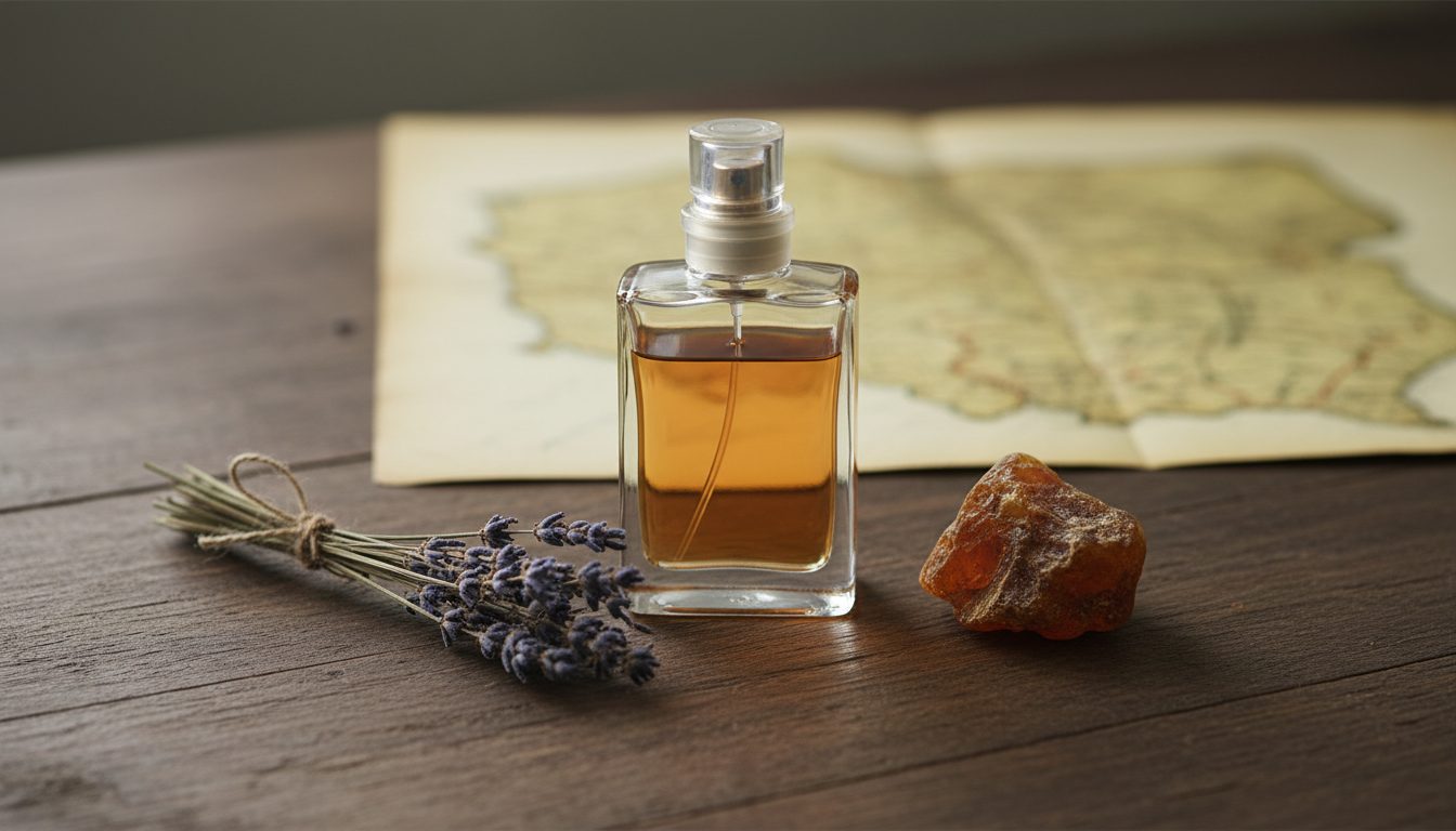 Garrafa de perfume vintage com líquido âmbar sobre mesa de madeira, ao lado de um pedaço de âmbar báltico e um raminho de lavanda seca; mapa antigo desfocado ao fundo.