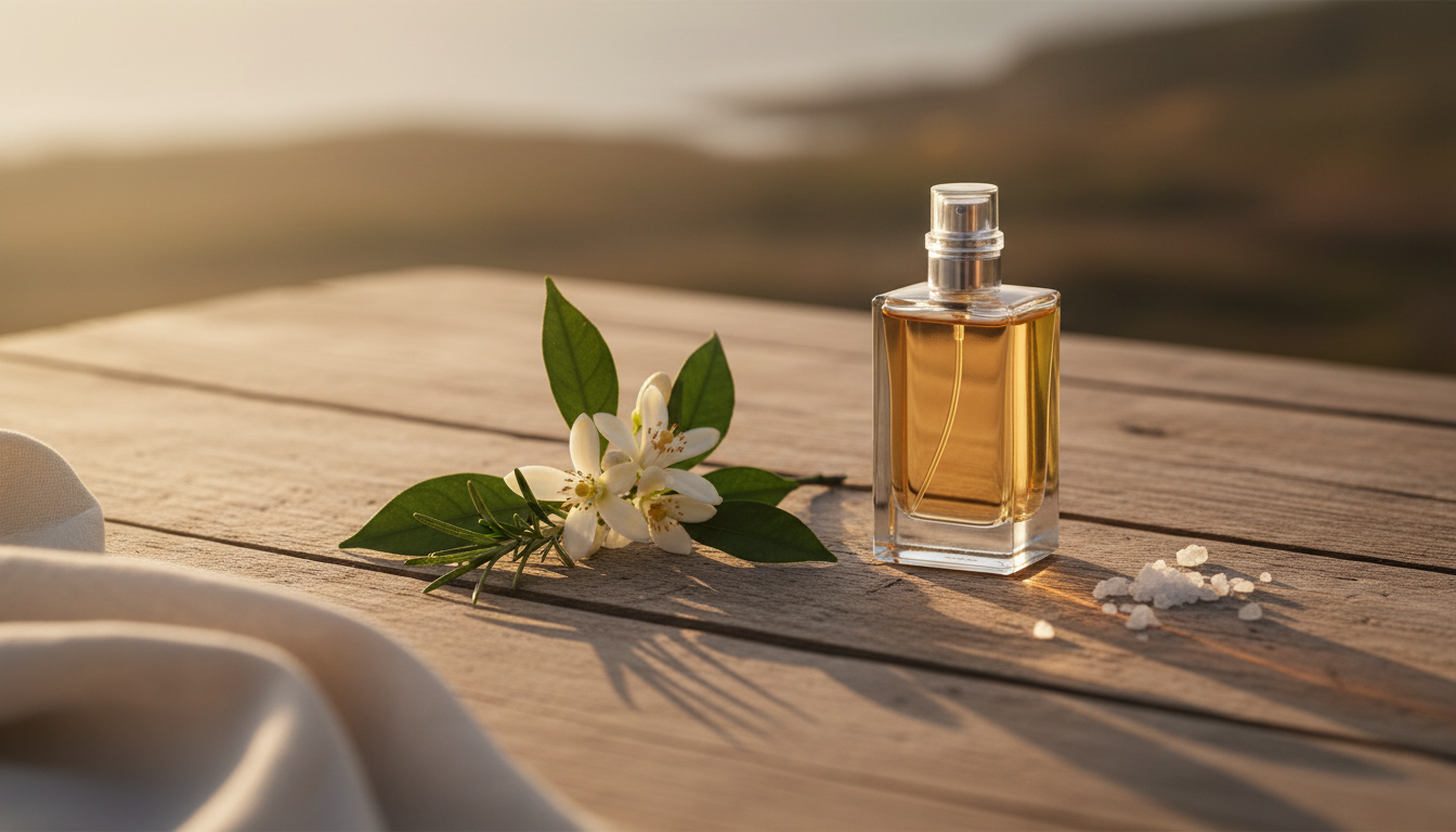 Frasco de perfume âmbar sobre mesa de madeira rústica, com ramo de flor de laranjeira, raminho de alecrim e alguns cristais de sal grosso — composição editorial que evoca aromas atlânticos e artesanais de Portugal.