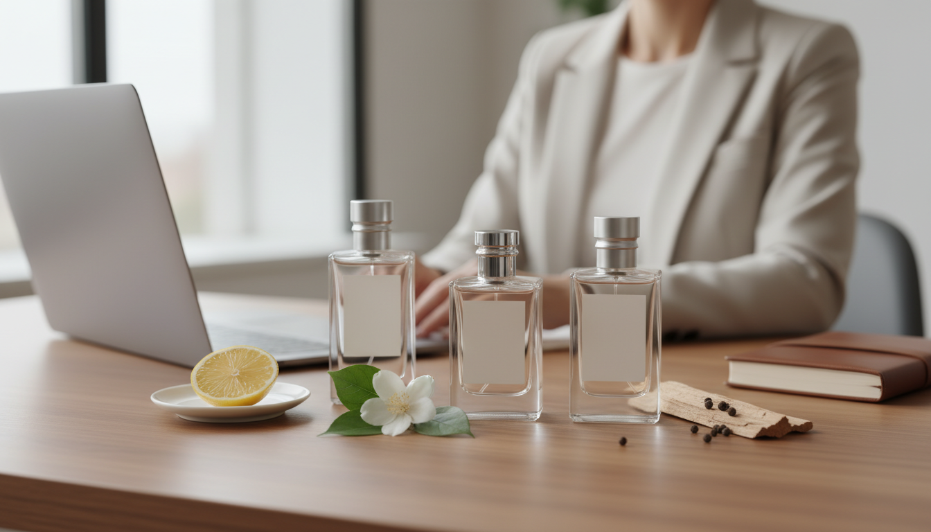 Três frascos de perfume sem rótulos sobre mesa de escritório com fatia de limão, flor branca e lasca de madeira com grãos de pimenta; laptop desfocado e silhueta profissional ao fundo.