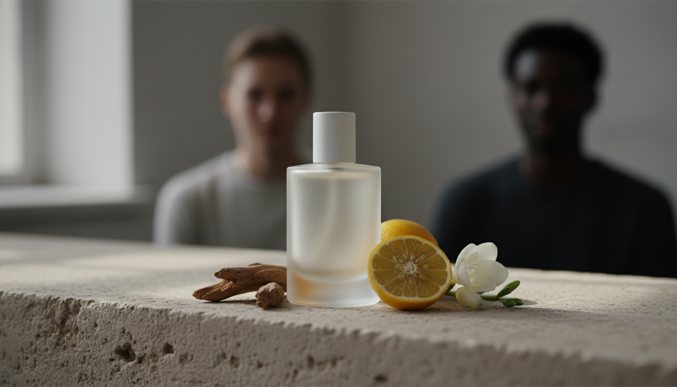Frasco de perfume unissex minimalista sobre superfície natural, com pedaço de sândalo, metade de bergamota e botão de freesia; ao fundo, duas silhuetas parciais desfocadas indicando diversidade.