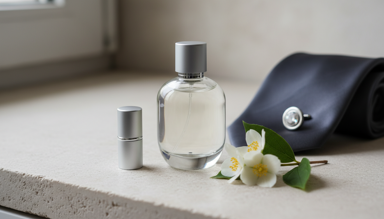 Frasco de perfume de vidro elegante central sobre superfície texturizada, com um ramo de jasmim branco, um canto de gravata de seda com abotoadura e um mini frasco de viagem como pistas visuais de casamento, ambiente corporativo e viagem.