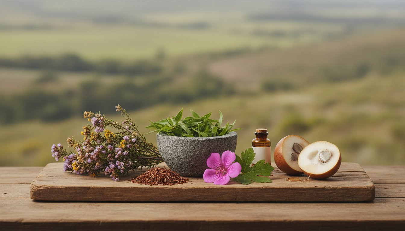 Natureza morta editorial com ingredientes nativos da África do Sul — fynbos, folhas de buchu em almofariz de pedra, rooibos, flor de pelargonium e marula cortada — e um pequeno frasco âmbar sobre tábua de madeira.