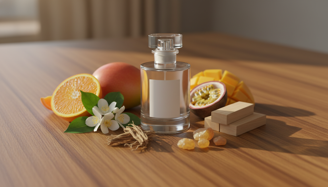 Garrafa de perfume sem rótulo sobre mesa de madeira, rodeada por fatias de manga, maracujá cortado, raminho de jasmim, pedaço de sândalo, raiz de vetiver e fragmento de resina, com luz natural quente.