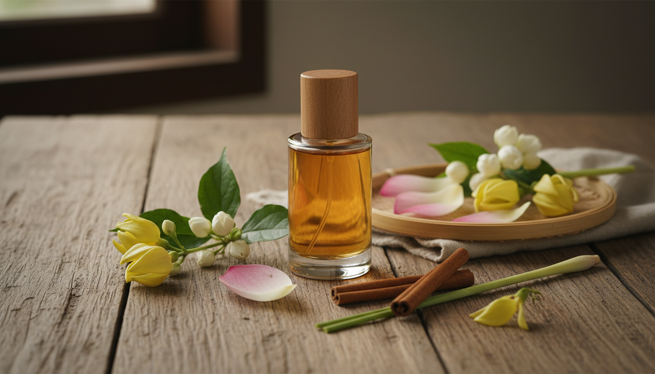 Frasco artesanal âmbar de perfume sobre mesa de madeira rústica, rodeado por jasmim, ylang-ylang, pétalas de lótus, paus de canela Saigon e talos de capim-limão, iluminado por luz natural suave.