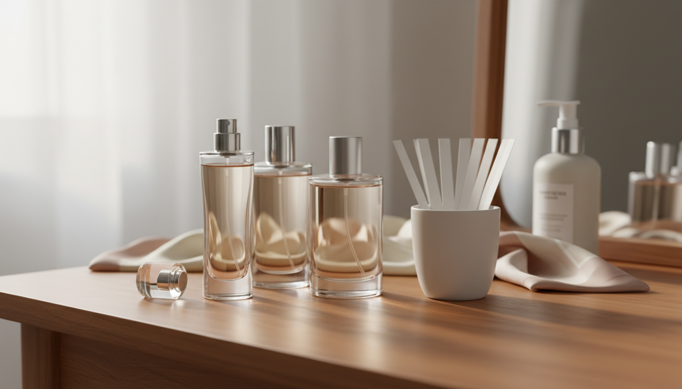 Três frascos de perfume sem marca sobre uma mesa de madeira, com tiras de papel para teste em um copo cerâmico e um lenço de seda dobrado ao fundo, iluminados por luz natural suave.