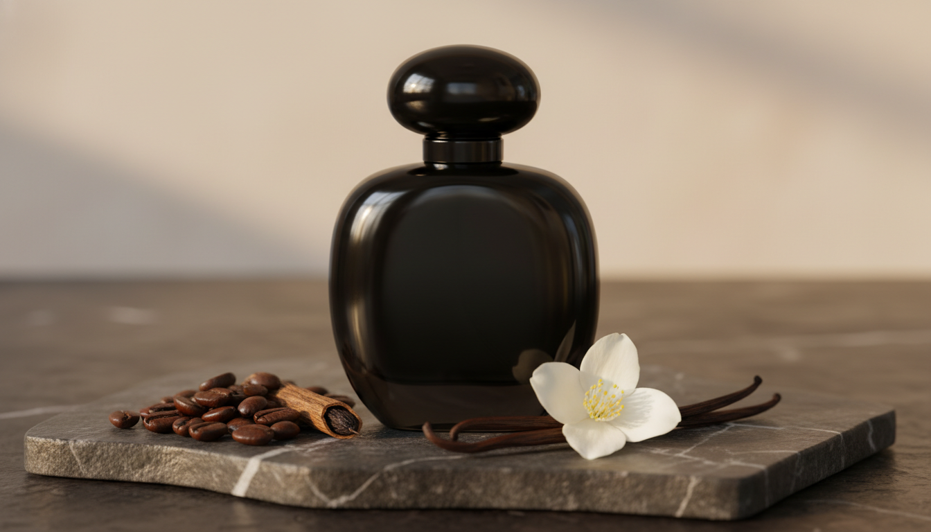Frasco escuro de perfume sobre superfície escura com grãos de café, vagem de baunilha e uma flor branca, iluminação suave e estética editorial.
