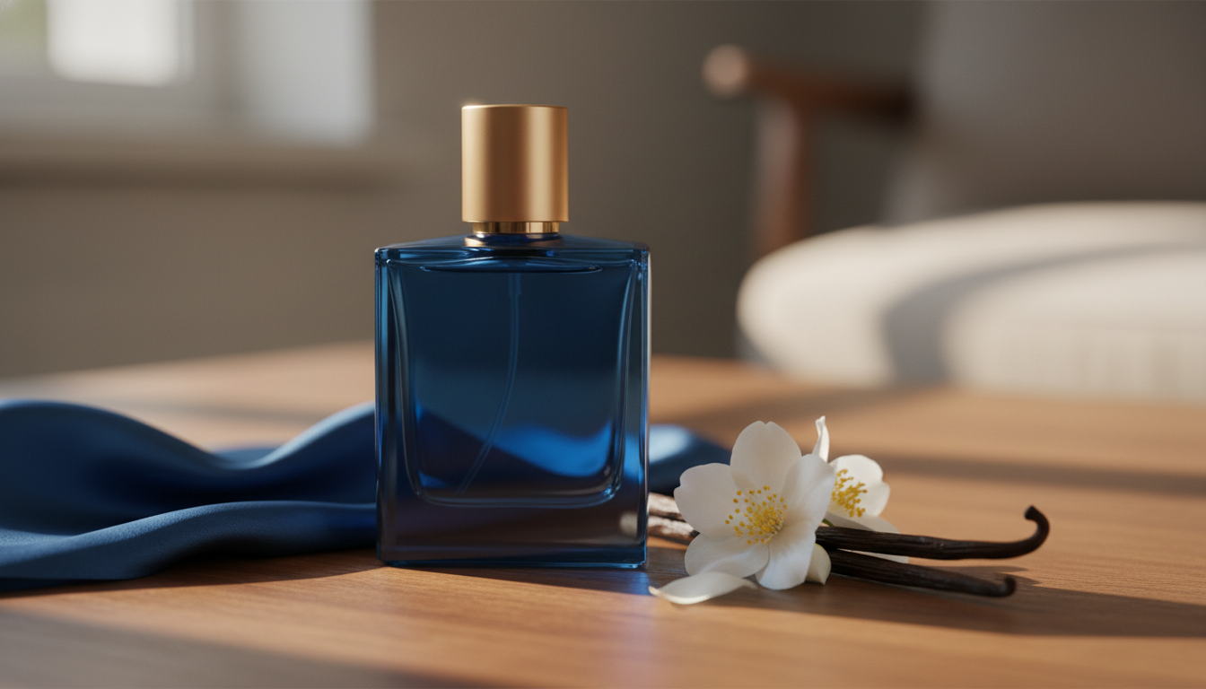 Frasco azul profundo de perfume sobre mesa de madeira com flor de jasmim e fava de baunilha, iluminação suave e estilo editorial