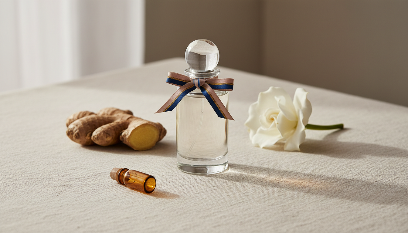 Natureza morta editorial: frasco de vidro com lenço de seda amarrado, pedaço de gengibre, flor de tuberosa e pequeno frasco de decant sobre mesa texturizada em luz natural.