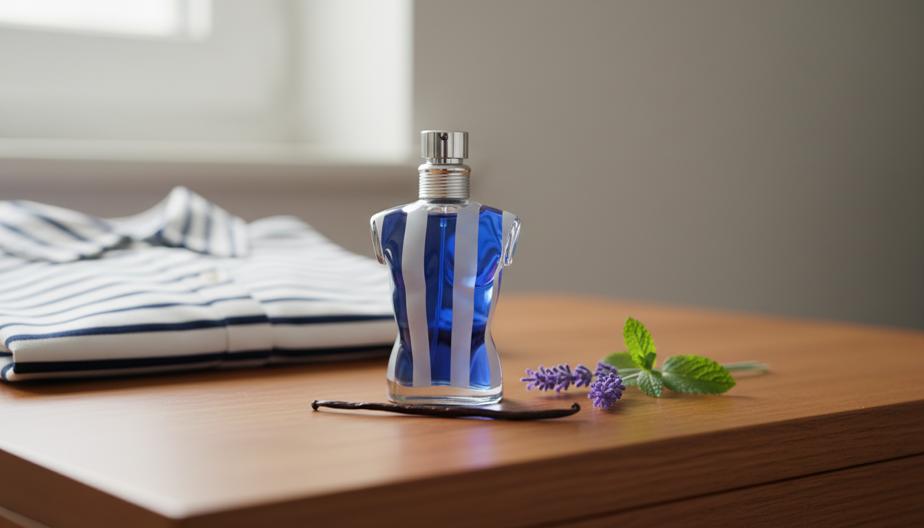 Frasco torso azul-e-branco do perfume Le Male sobre penteadeira de madeira, com ramo de lavanda e folha de hortelã ao lado, tecido listrado desfocado ao fundo.