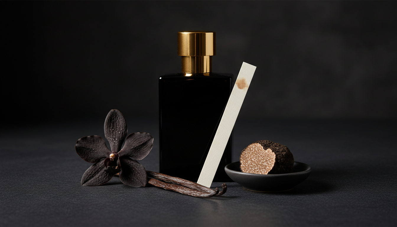 Frasco preto com tampa dourada sobre pedra escura, acompanhado de uma flor de orquídea seca, fava de baunilha e pequeno prato com fatia de trufa, iluminação natural suave.
