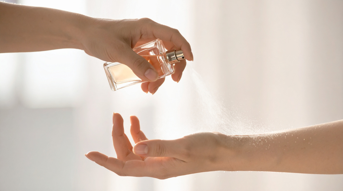 Mãos aplicando perfume com spray em ambiente iluminado, destacando uso em pele sensível