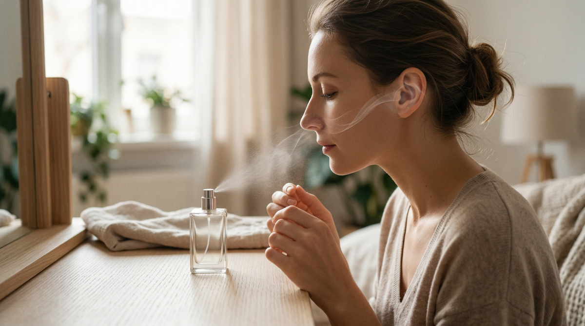 Pessoa sentindo o aroma de um perfume com vapor suave indicando conexão entre olfato e sensibilidade auditiva