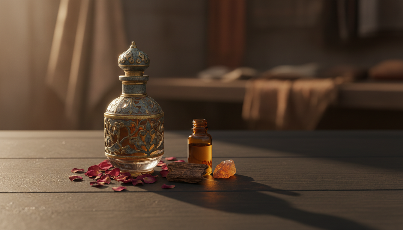 Natureza‑morta editorial com frasco de perfume árabe ornamentado sobre mesa escura, acompanhado por pedaço de oud, pétalas de rosa Damascena e pequeno frasco de óleo âmbar, iluminação natural suave.