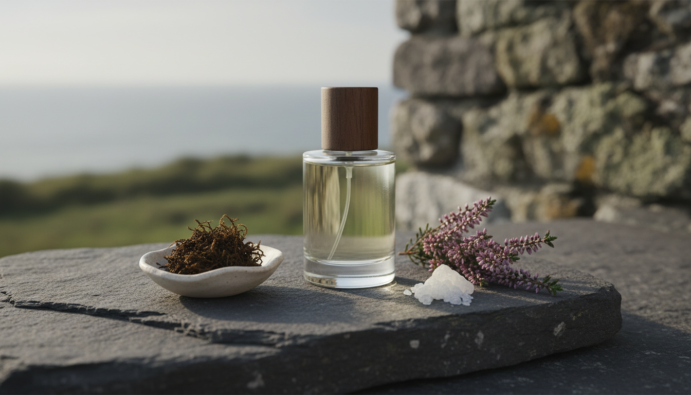 Frasco artesanal de perfume sobre pedra costeira escura, com prato de cerâmica contendo turfa, raminho de brezo e fragmento de alga seca, composição editorial que evoca notas turfosas e marinhas da perfumaria irlandesa.
