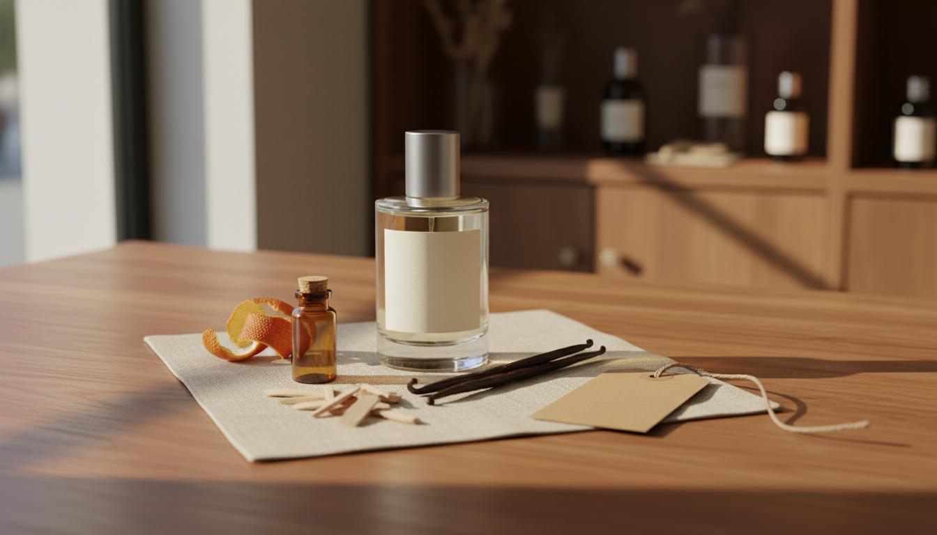 Frasco de perfume sem marca sobre bancada de madeira com um frasco âmbar de amostra e ingredientes botânicos (casca de cítrico seca, fava de baunilha, lascas de sândalo) em luz natural suave.