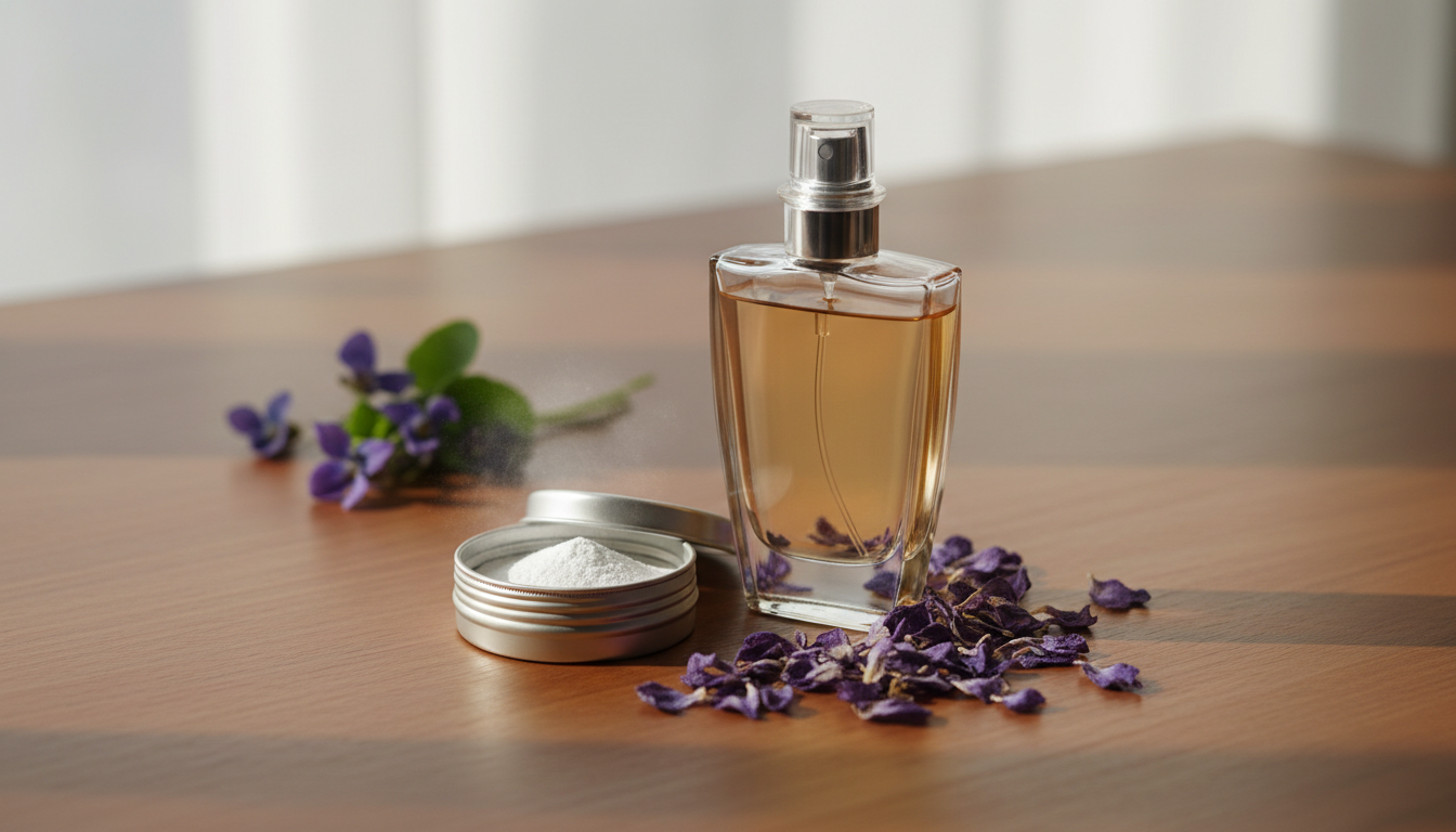 Frasco de perfume de vidro sobre mesa de madeira com pétalas secas de violeta e um pequeno pote aberto de pó fino.