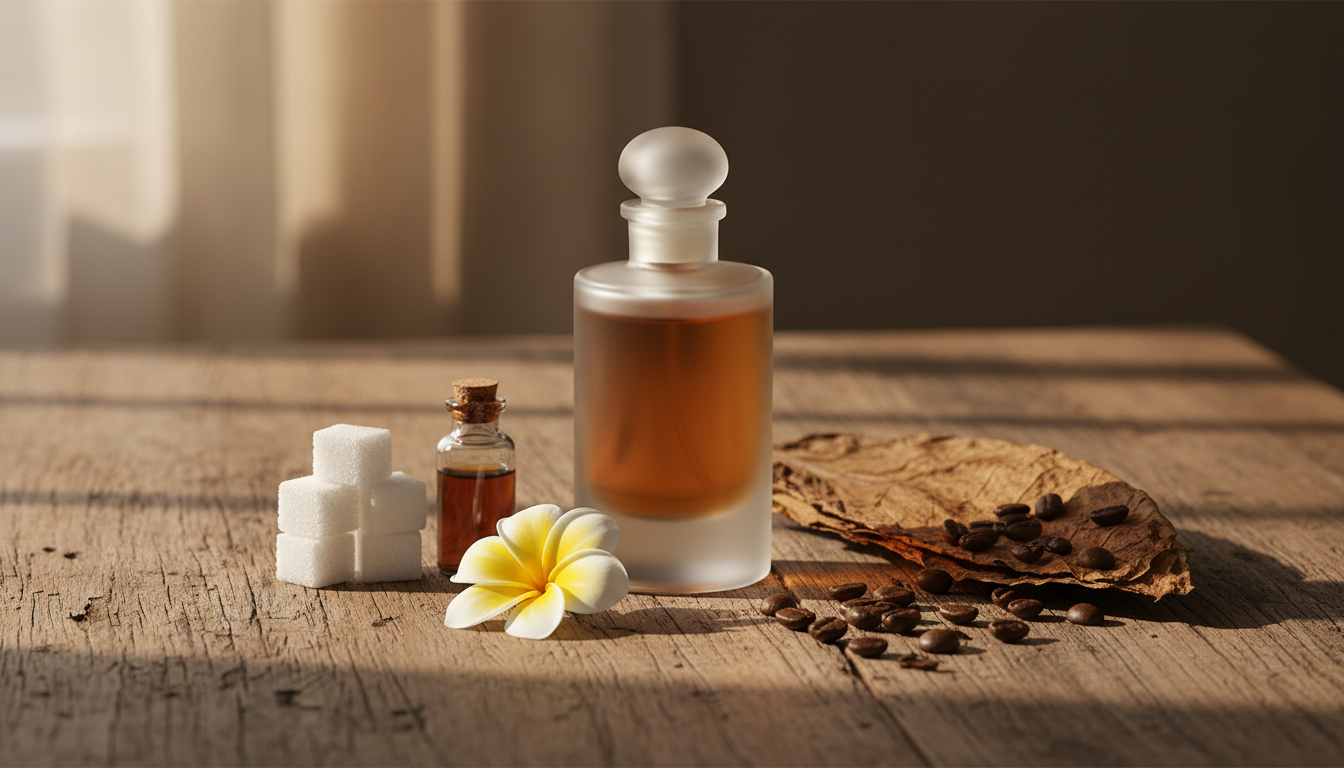 Natureza morta editorial: frasco de perfume vintage sem rótulo sobre mesa de madeira envelhecida, com folha de tabaco parcialmente desenrolada, grãos de café, flor de frangipana e pequenos cubos de açúcar ao redor, iluminação natural quente.